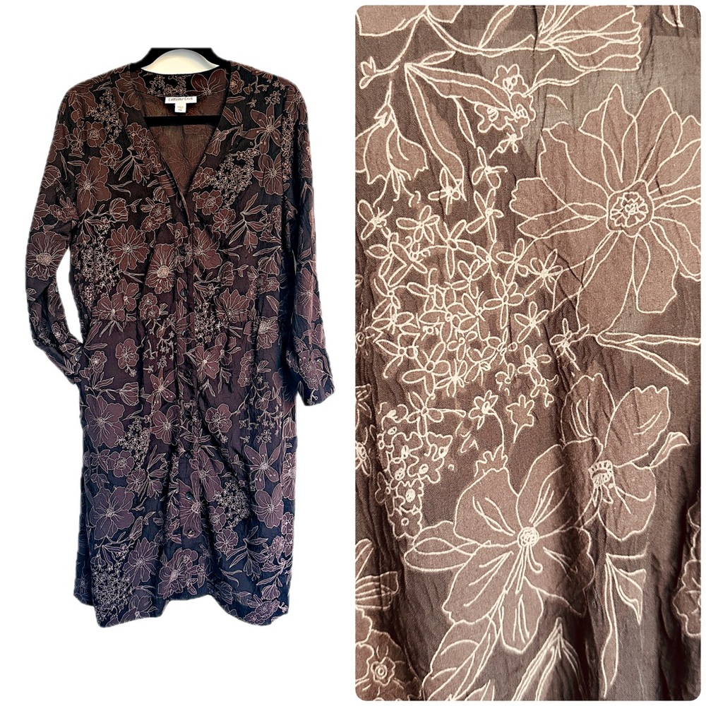 Coldwater Creek Brown Floral Button Down Shirt Dress Size 14P